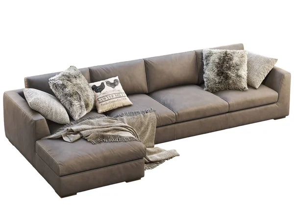 Chalet modular brown leather upholstery sofa with pillows and plaid. 3d render. — Stockfoto