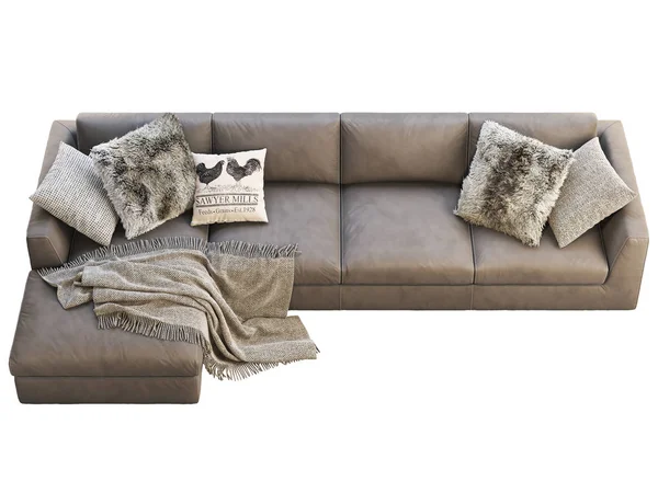 Chalet modular brown leather upholstery sofa with pillows and plaid. 3d render. — 스톡 사진