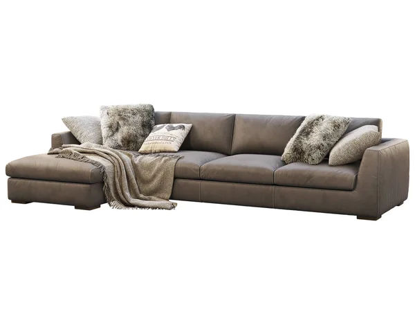 Chalet modular sofa kulit coklat pelapis dengan bantal dan kotak-kotak. render 3d . — Stok Foto