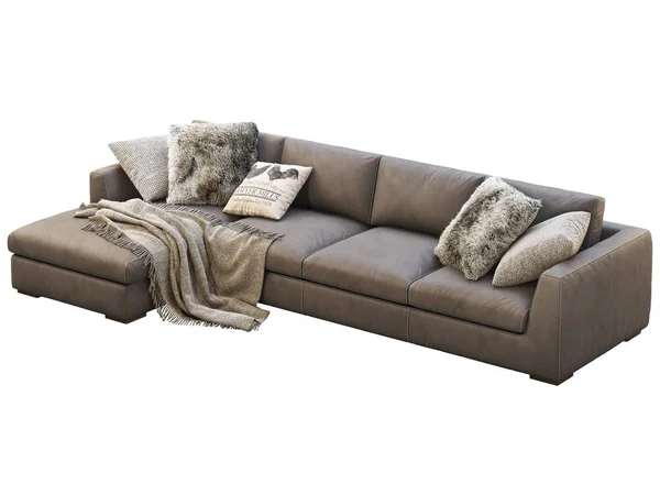 Chalet modular brown leather upholstery sofa with pillows and plaid. 3d render. — Stockfoto