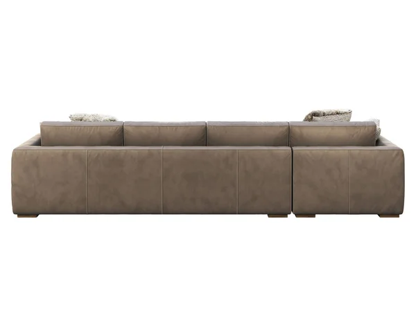 Chalet modular de cuero marrón sofá de tapicería con almohadas y cuadros. 3d renderizar . —  Fotos de Stock