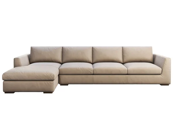 Chalet modular beige leather upholstery sofa with chaise lounge. 3d render.