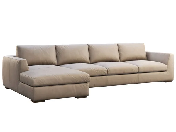 Chalet modular beige leather upholstery sofa with chaise lounge. 3d render. — Stock Photo, Image