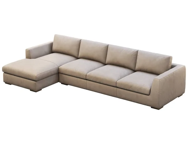 Шале модульный бежевый кожаный мягкий диван с шезлонгом. 3D рендеринг . — стоковое фото