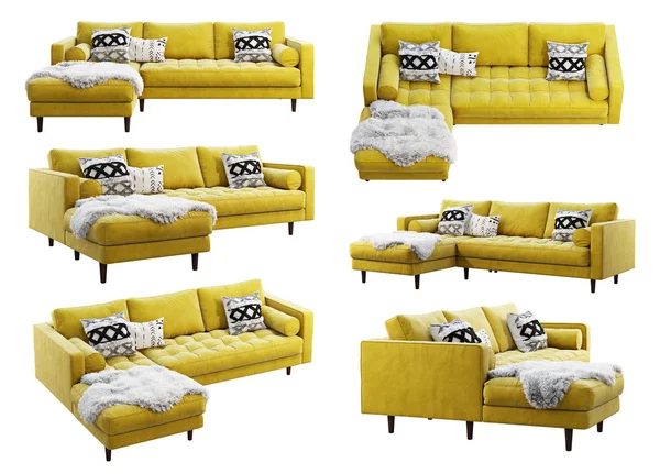 Sofá de tapicería de terciopelo amarillo esquinero escandinavo con chaise lounge. 3D render. Collage colección de muebles —  Fotos de Stock
