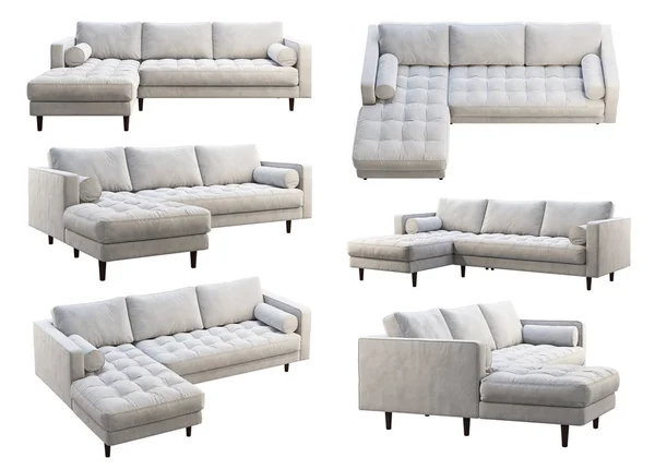 Mid-century corner white velvet upholstery sofa with chaise lounge. 3d render. Collage Furniture collection