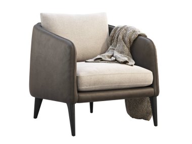 Dark brown leather chair with light cushion. 3d render