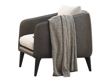 Dark brown leather chair with light cushion. 3d render