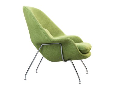 Mid-century light green fabric chair with chromium legs. 3d render.