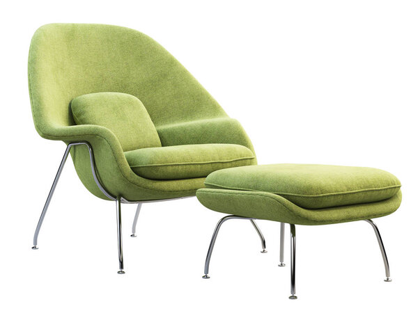 Mid-century light green fabric chair with chromium legs. 3d render.