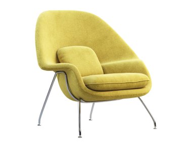 Mid-century yellow fabric chair with chromium legs. 3d render.