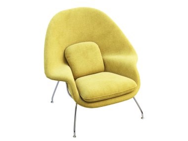 Mid-century yellow fabric chair with chromium legs. 3d render.