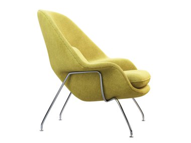 Mid-century yellow fabric chair with chromium legs. 3d render.