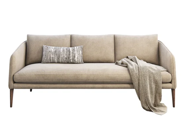 Светло-бежевый диван с подушкой и подошвой. 3D рендеринг — стоковое фото