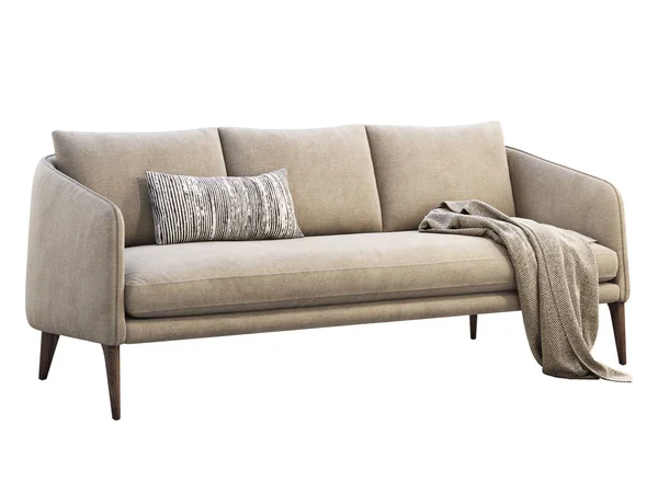 Светло-бежевый диван с подушкой и подошвой. 3D рендеринг — стоковое фото