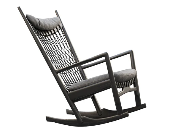 Fauteuil à bascule en bois noir avec assise textile et appui-tête. 3d rendu — Photo
