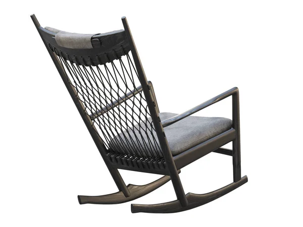 검은 색 나무 흔들의자에 방직 의자와 머리 받침 이 있다. 3D 렌더링 — 스톡 사진