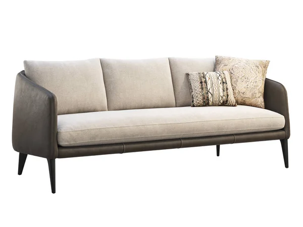 Темно-коричневый кожаный диван со светлыми подушками. 3D рендеринг — стоковое фото