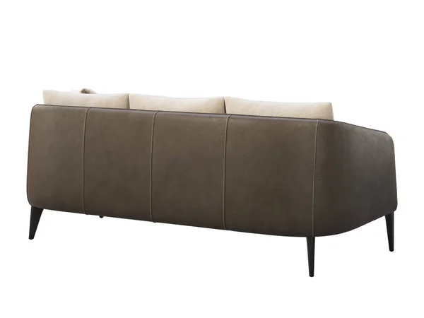 Ciemnobrązowa skórzana sofa z lekką poduszką. 3d renderowanie — Zdjęcie stockowe