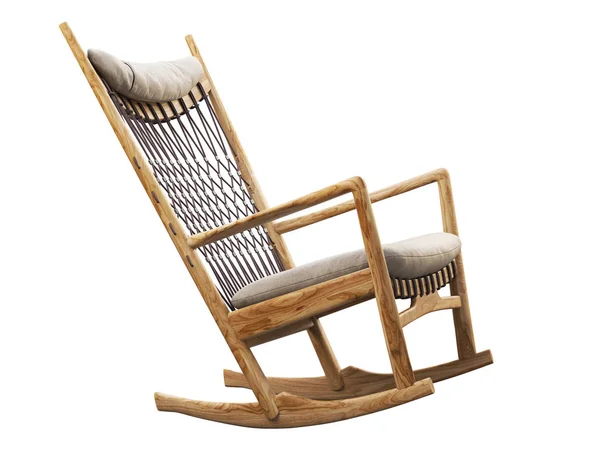 Chaise à bascule en bois avec assise textile et appui-tête. 3d rendu — Photo