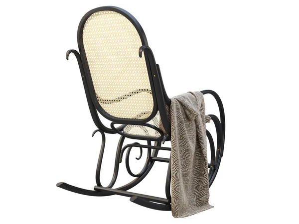 Halverwege de eeuw gebogen beukenhouten schommelstoel met deken. 3d renderen. — Stockfoto