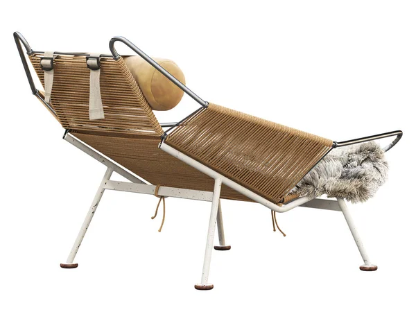 Mid-century braided rope lounge chair with pelt. 3d render. — Stock Photo, Image