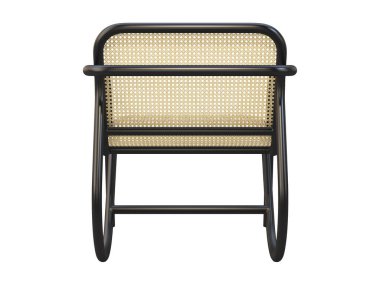 Yirminci yüzyılın ortalarında, sırtı örülmüş bir battaniyesi ve beyaz arka planda koltuğu olan kayın ağacı koltuğu. Yüzyılın ortalarında, çatı katı, İskandinav iç mimarisi. 3d hazırlayıcı