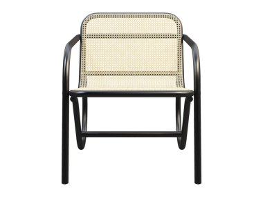 Yirminci yüzyılın ortalarında, sırtı örülmüş bir battaniyesi ve beyaz arka planda koltuğu olan kayın ağacı koltuğu. Yüzyılın ortalarında, çatı katı, İskandinav iç mimarisi. 3d hazırlayıcı