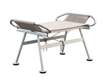 Yüzyılın ortalarında, metal bacaklı, iple örülmüş bir şilte. Beyaz arka planda açık gri ip ayaklığı. Yüzyılın ortalarında, çatı katı, İskandinav iç mimarisi. 3d hazırlayıcı