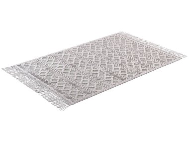 İskandinav yün halısı. Pamuk tabanlı kilim ve beyaz arka planda yün noktalar. 3d hazırlayıcı