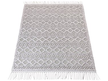 İskandinav yün halısı. Pamuk tabanlı kilim ve beyaz arka planda yün noktalar. 3d hazırlayıcı