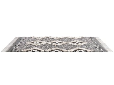 Uzun ve püsküllü İskandinav püsküllü halı. Beyaz arka planda etnik geometrik desenli kilim. 3d hazırlayıcı