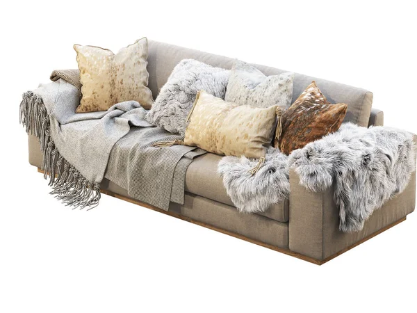 有垫子的彩绘三座沙发 用枕头 格子布和毛皮铺在白色背景上的织物软垫沙发 世纪中叶 查莱特 斯堪的纳维亚内陆 3D渲染 — 图库照片