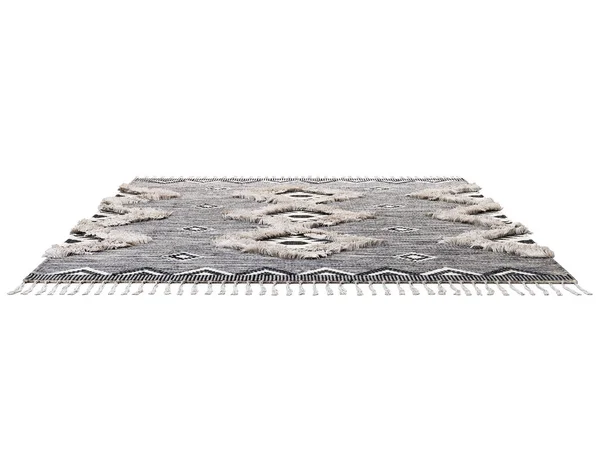 Uzun ve püsküllü İskandinav püsküllü halı. Beyaz arka planda etnik geometrik desenli kilim. 3d hazırlayıcı