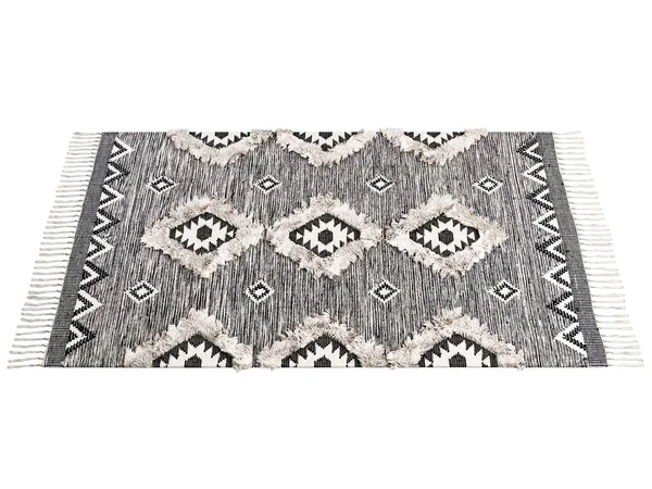 Scandinavian tassel carpet with long pile and fringe. Rug with ethnic geometric pattern on white background. 3d render