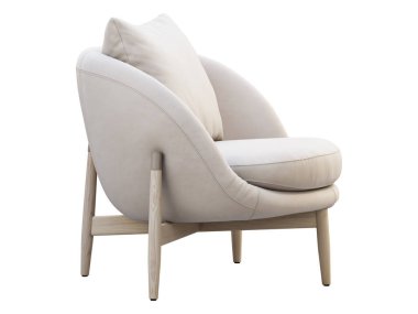 Beyaz arka planda yastıklı açık bej deri koltuk. Modern tahta bacak sandalyesi. 3d hazırlayıcı