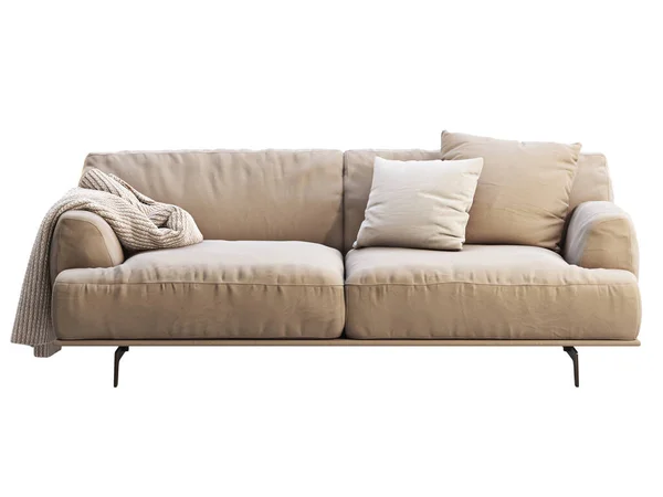 モダンなベージュ生地のソファ 枕付きの繊維張りのソファと白い背景にスローされます 半世紀 ロフト シャレー 北欧インテリア 3Dレンダリング — ストック写真