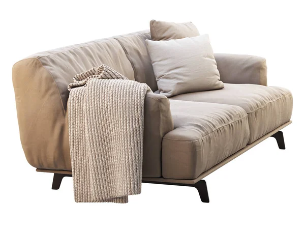 Sofá Tecido Bege Moderno Sofá Estofamento Têxtil Com Travesseiros Jogar — Fotografia de Stock