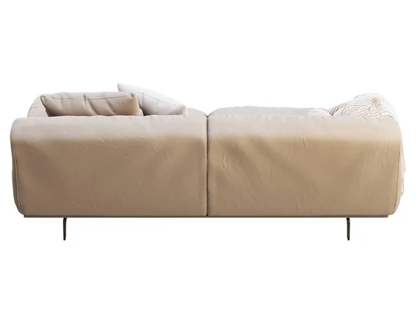 モダンなベージュ生地のソファ 枕付きの繊維張りのソファと白い背景にスローされます 半世紀 ロフト シャレー 北欧インテリア 3Dレンダリング — ストック写真