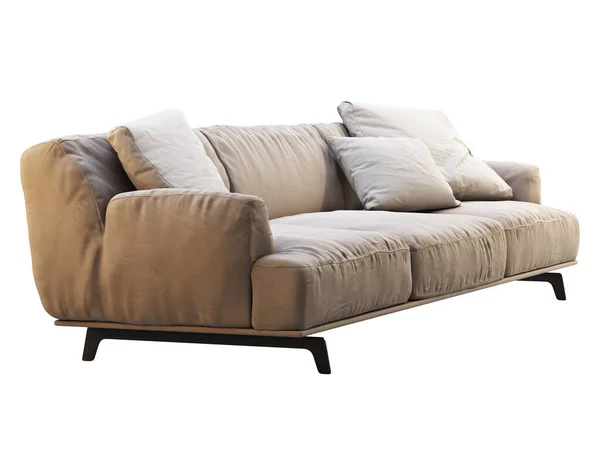 现代米黄色面料沙发 白色背景上有枕头的纺织品室内装饰沙发 世纪中叶 查莱特 斯堪的纳维亚内陆 3D渲染 — 图库照片