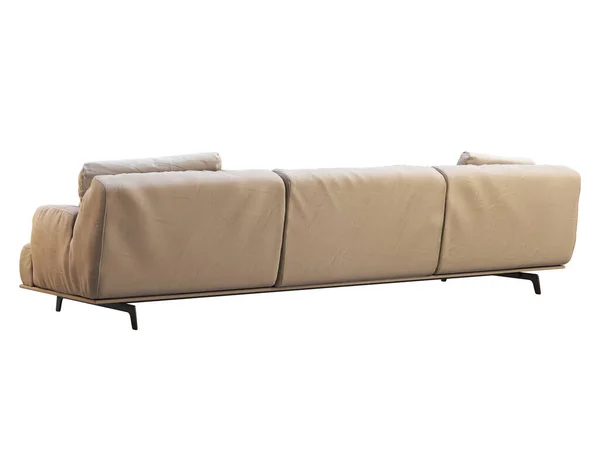 モダンなベージュ生地のソファ 白い背景に枕付きの繊維張りのソファ 半世紀 ロフト シャレー 北欧インテリア 3Dレンダリング — ストック写真