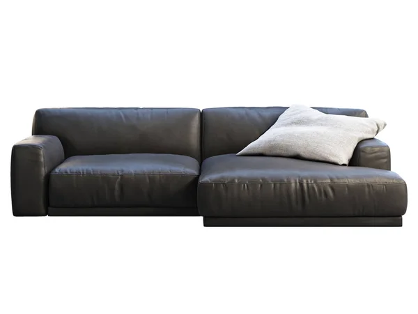 现代躺椅沙发 黑色皮革沙发 白色背景上有灰色面料枕头 世纪中叶 查莱特 斯堪的纳维亚内陆 3D渲染 — 图库照片
