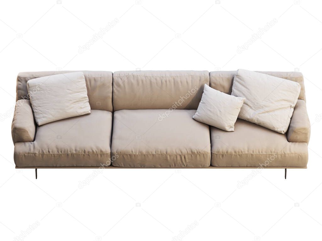 Modern beige fabric sofa. Textile upholstery sofa with pillows on white background. Mid-century, Modern, Loft, Chalet, Scandinavian interior. 3d render