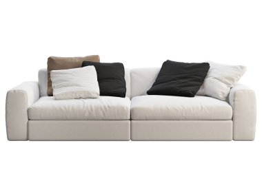 Modern beyaz kumaş kanepe. Beyaz arka planda renkli yastıkları olan tekstil döşeme kanepesi. Yüzyılın ortalarında, Modern, Çatı katı, Chalet, İskandinav iç mimarisi. 3d hazırlayıcı