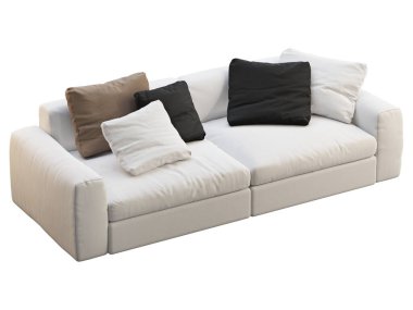 Modern beyaz kumaş kanepe. Beyaz arka planda renkli yastıkları olan tekstil döşeme kanepesi. Yüzyılın ortalarında, Modern, Çatı katı, Chalet, İskandinav iç mimarisi. 3d hazırlayıcı