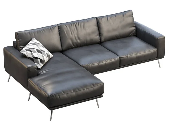 Modern Schäslounge Soffa Svart Läder Hörnsoffa Med Metallben Vit Bakgrund — Stockfoto