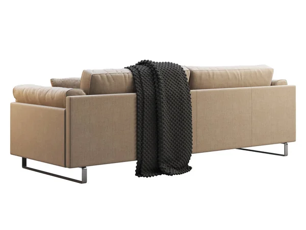现代米黄色面料沙发 带有枕头和白色背景的黑色格子布的纺织品室内装饰沙发 世纪中叶 查莱特 斯堪的纳维亚内陆 3D渲染 — 图库照片