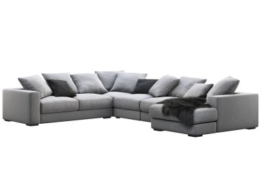 Modern gri kumaş kanepe. Beyaz arka planda yastıklı ve kürklü tekstil döşeme koltuğu. Yüzyılın ortalarında, Modern, Çatı katı, Chalet, İskandinav iç mimarisi. 3d hazırlayıcı