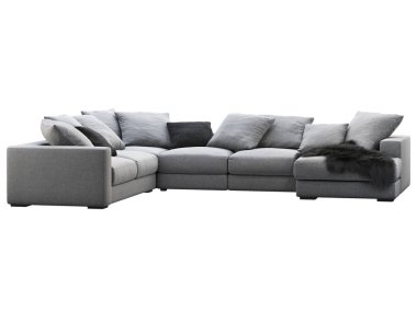 Modern gri kumaş kanepe. Beyaz arka planda yastıklı ve kürklü tekstil döşeme koltuğu. Yüzyılın ortalarında, Modern, Çatı katı, Chalet, İskandinav iç mimarisi. 3d hazırlayıcı