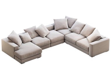 Modern bej kumaş kanepe. Beyaz arka planda yastıkları olan tekstil döşeme köşesi kanepesi. Yüzyılın ortalarında, Modern, Çatı katı, Chalet, İskandinav iç mimarisi. 3d hazırlayıcı